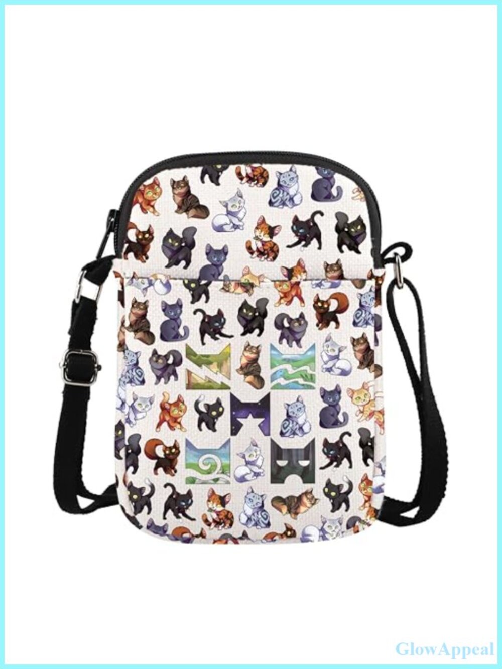 Canvas Crossbody Bag Cat Print Lightweight Zipper Travel Purse